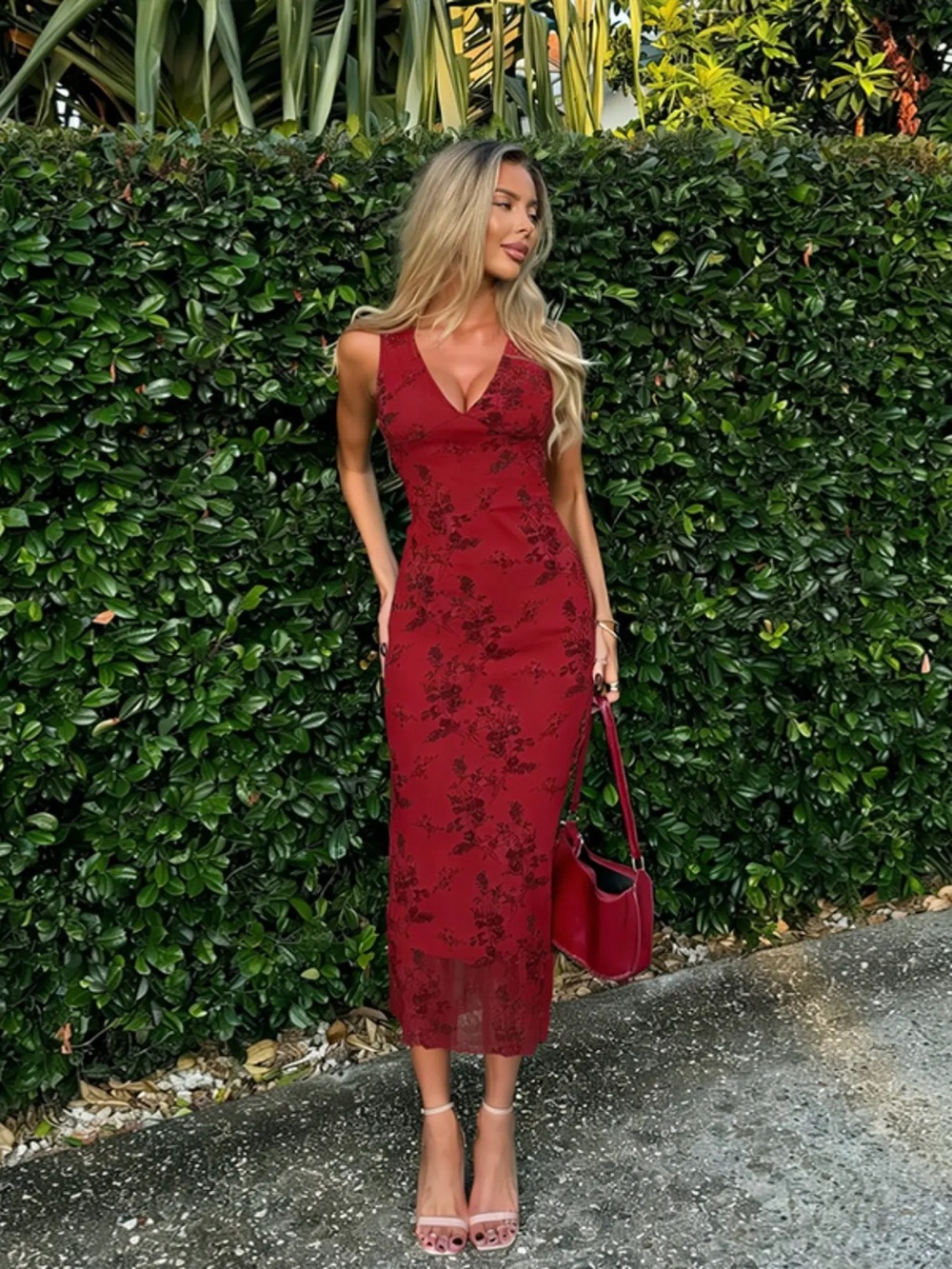 Sleeveless V-Neck Red Floral Lace Midi Dress